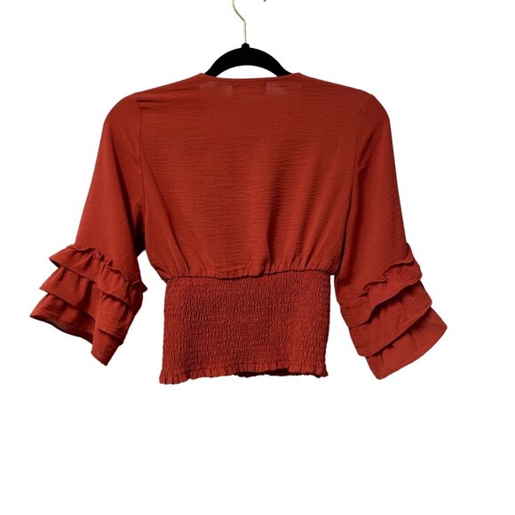 ALTAR'D STATE BLOUSE CROP RUFFLE SMOCKED V-NECK FEMININE FLOUNCE SIZE S RUST - Picture 2 of 7